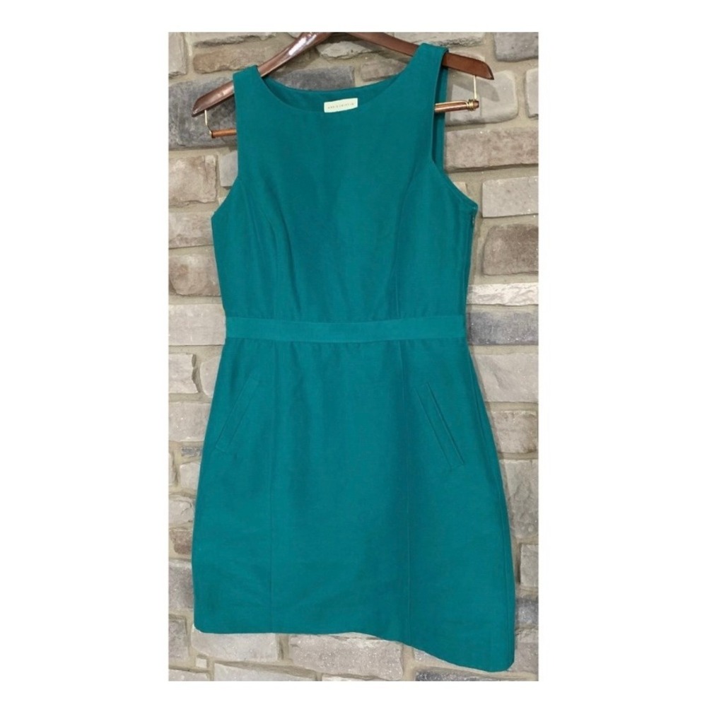 Annie Griffin Teal Green Sleeveless Shift Dress Pocketed Minimalist Retro Size 4